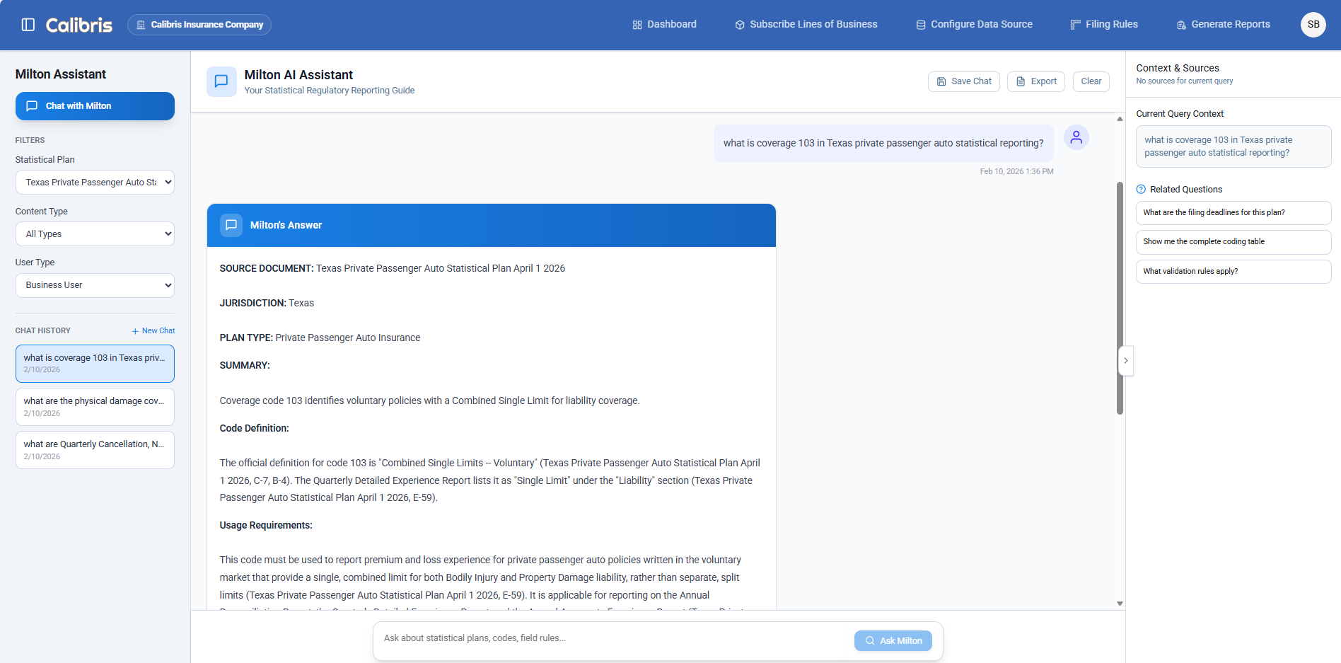 Milton AI Assistant querying statistical plans