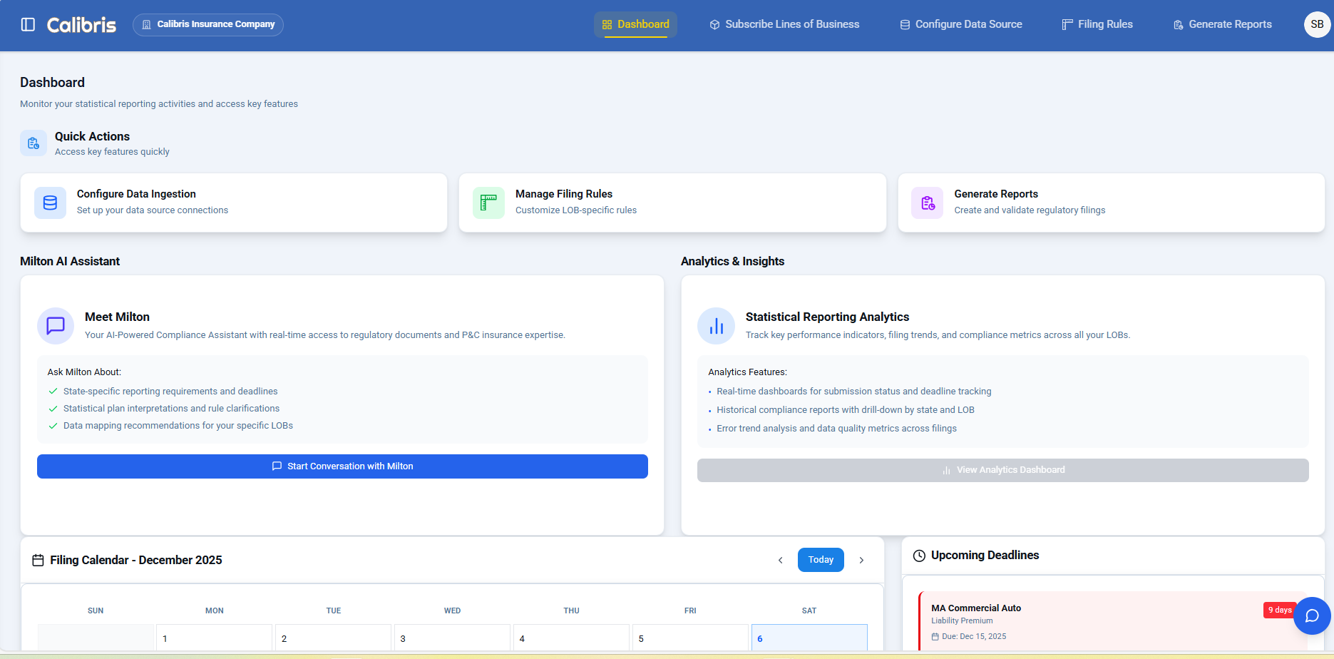 Calibris statistical reporting platform dashboard showing validated insurance data and automated compliance checks